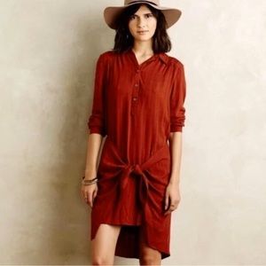Anthropologie Maeve Wrap Tie Front Collared Button Long Sleeve Dress Rust Red 14